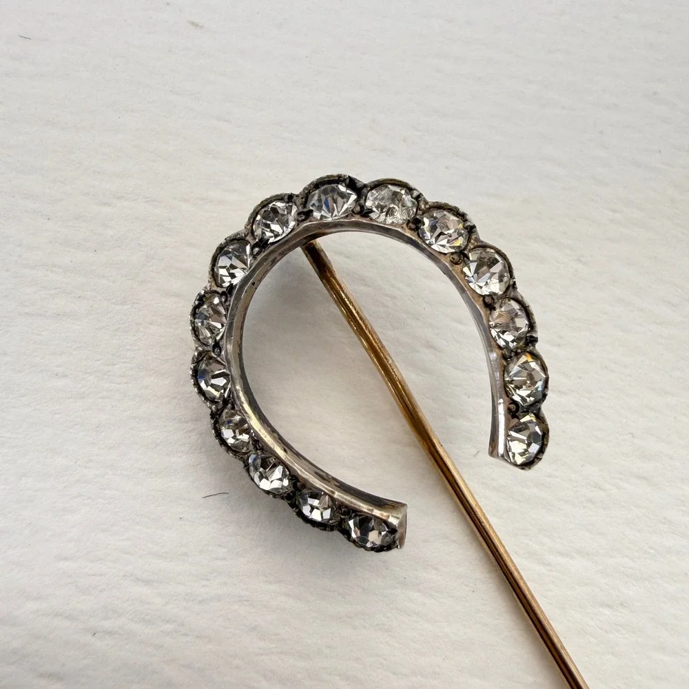 Antique Horseshoe Stick Pin Clear Paste Stones Sterling Silver Equestrian